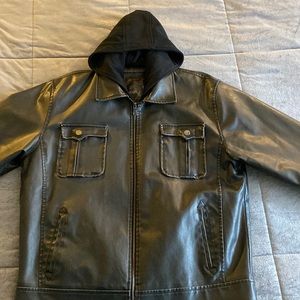 men’s extra large, black, water resistant vinyl with hoodie attached jacket